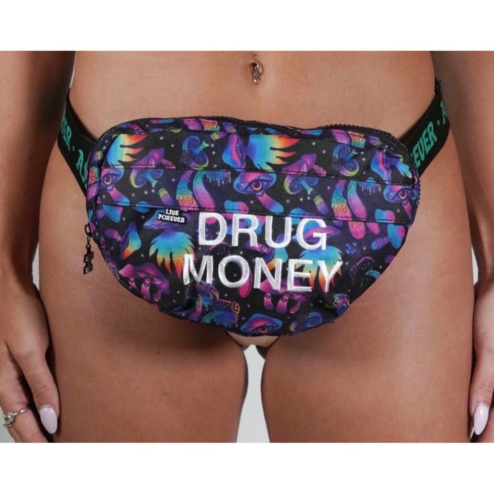 Assholes Live Forever Drug Money Mushroom Fanny Pack Waist Bag Psychedelic Black